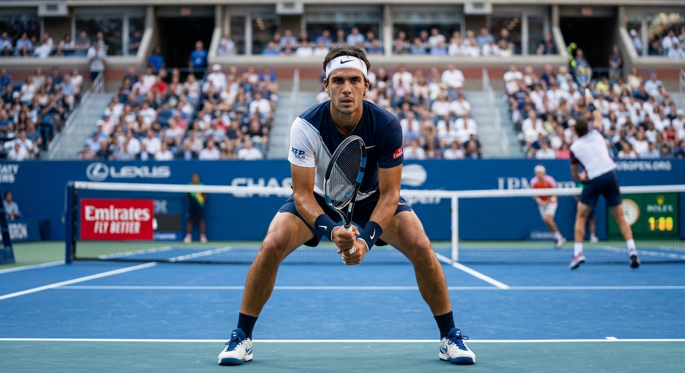 Player facing front on a blue hard court
